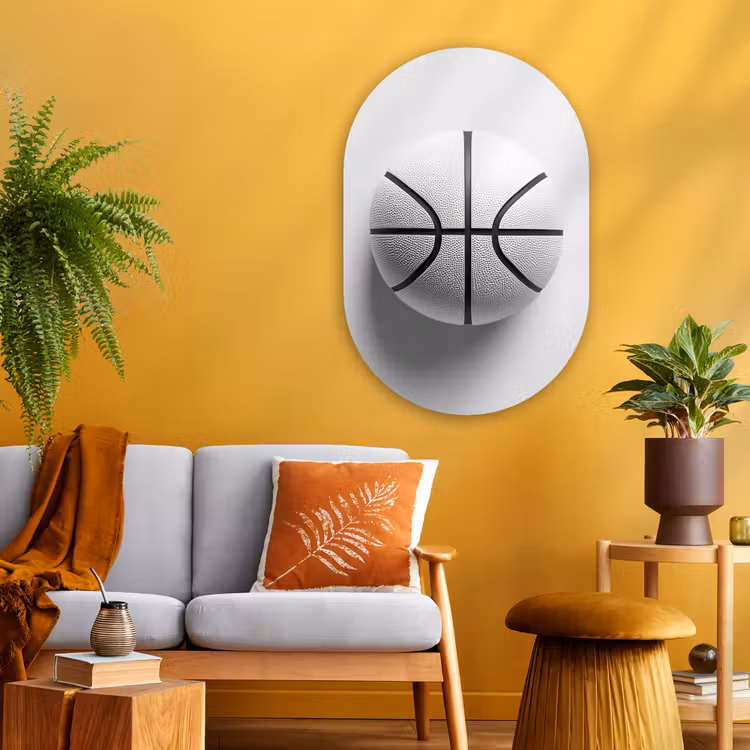 Basketbal - Wit - Schaduw - Lijnen Wandcirkel Ovaal Glas middel -sfeer4