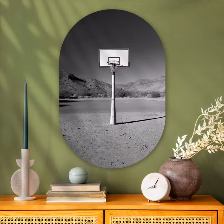 Basketbalpaal - Landschap - Zand - Wit Wandcirkel Ovaal Glas middel -sfeer2