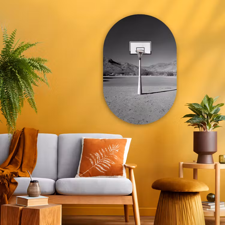 Basketbalpaal - Landschap - Zand - Wit Wandcirkel Ovaal Glas middel -sfeer4