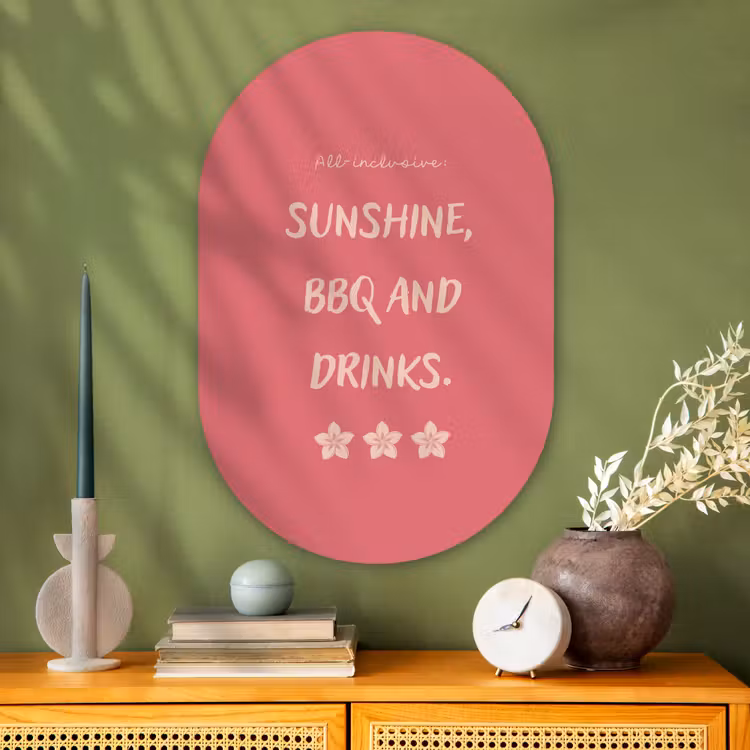 BBQ - Quote - Roze - Zomer Wandcirkel Ovaal Glas middel -sfeer2