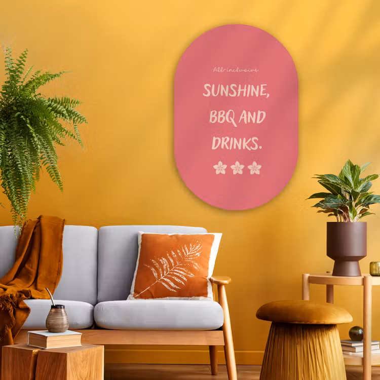 BBQ - Quote - Roze - Zomer Wandcirkel Ovaal Glas middel -sfeer4