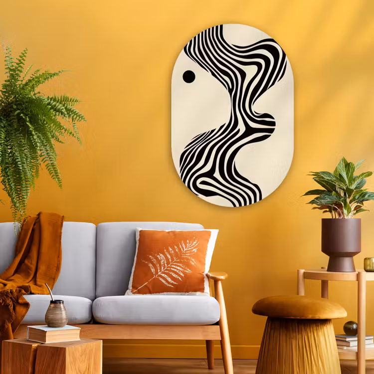 Beige - Lijnen - Golvend - Abstract Wandcirkel Ovaal Glas middel -sfeer4