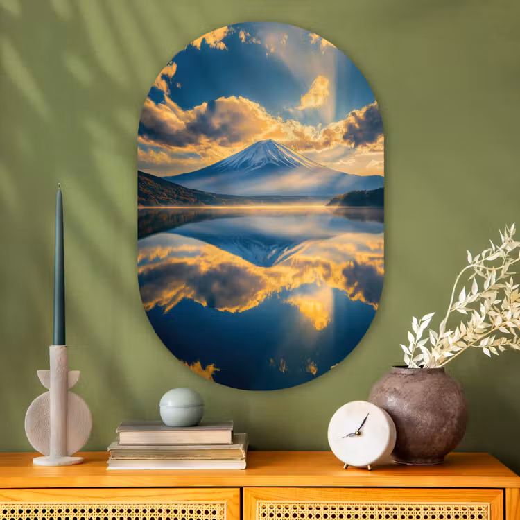 Berg - Rivier - Zonsondergang Wandcirkel Ovaal Glas middel -sfeer2