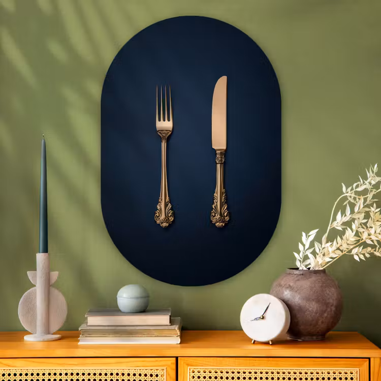 Bestek - Donkerblauw - Goud Wandcirkel Ovaal Glas middel -sfeer2