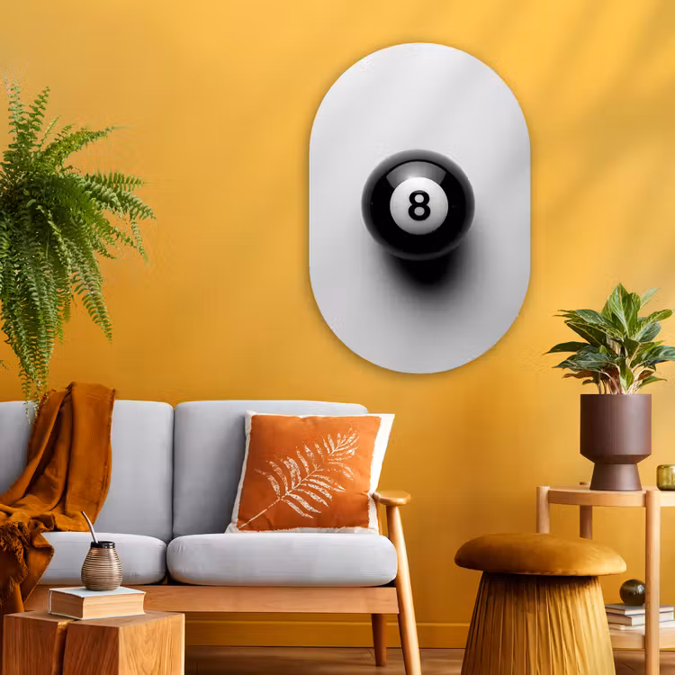 Biljartbal - Getal - Acht - Wit Wandcirkel Ovaal Glas middel -sfeer4