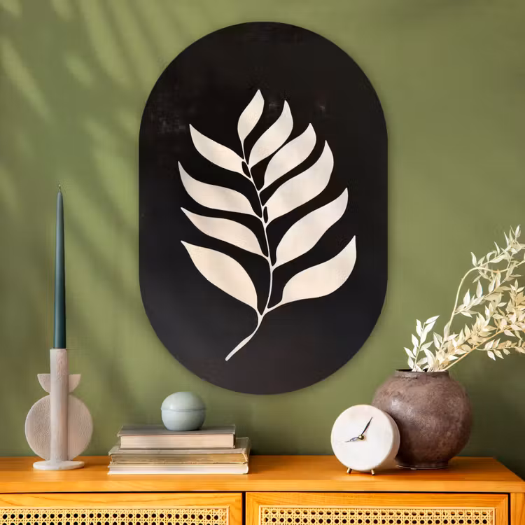 Blad - Wit - Minimalistisch Wandcirkel Ovaal Glas middel -sfeer2