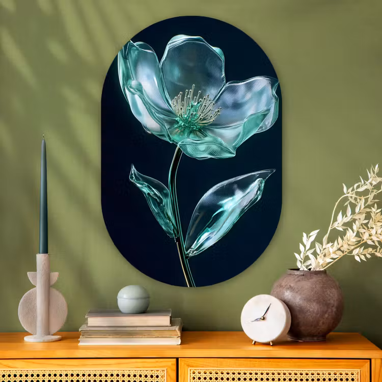 Bladeren - Bloem - Glazen - Donkerblauw Wandcirkel Ovaal Glas middel -sfeer2