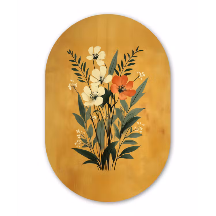 Bladeren - Boeket - Bloemen - Geel Wandcirkel Ovaal Glas middel -3d