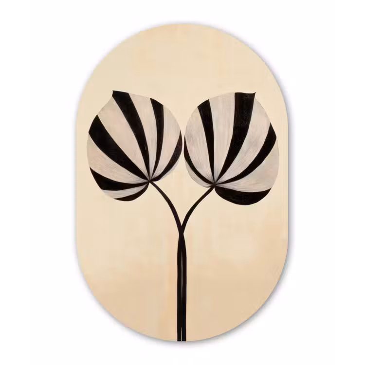 Bladeren - Gestreept - Stengel - Beige Wandcirkel Ovaal Glas middel -3d