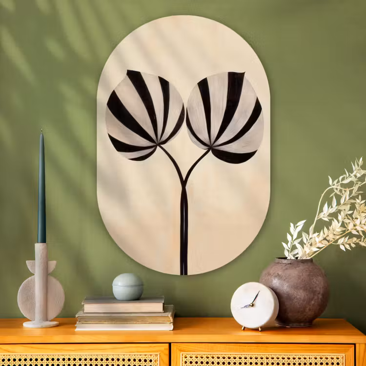 Bladeren - Gestreept - Stengel - Beige Wandcirkel Ovaal Glas middel -sfeer2