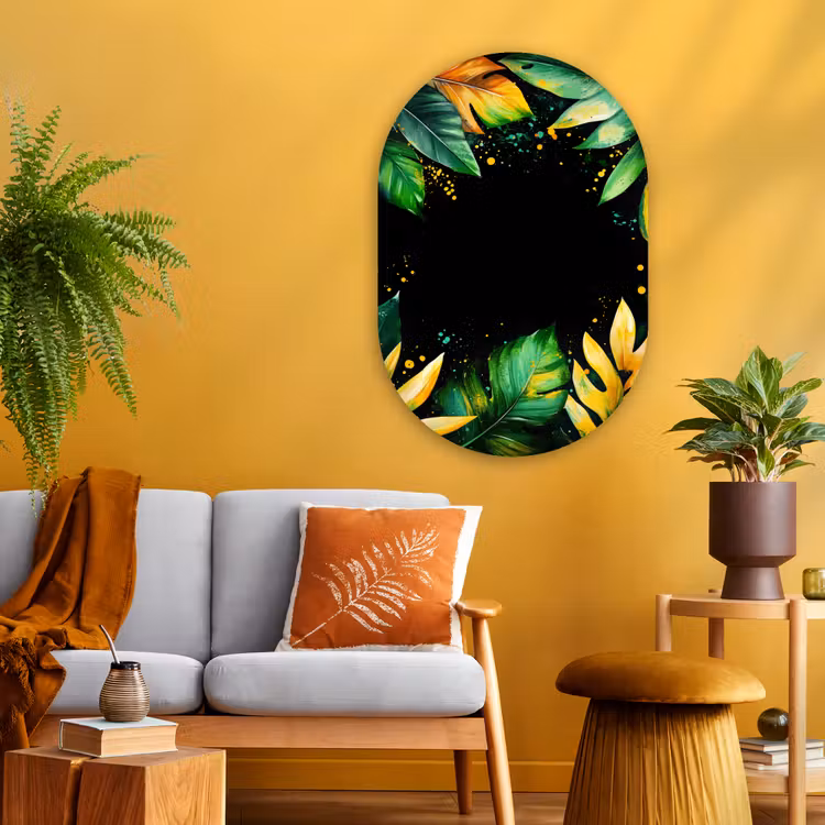 Bladeren - Groen - Geel - Verf - Jungle Wandcirkel Ovaal Glas middel -sfeer4