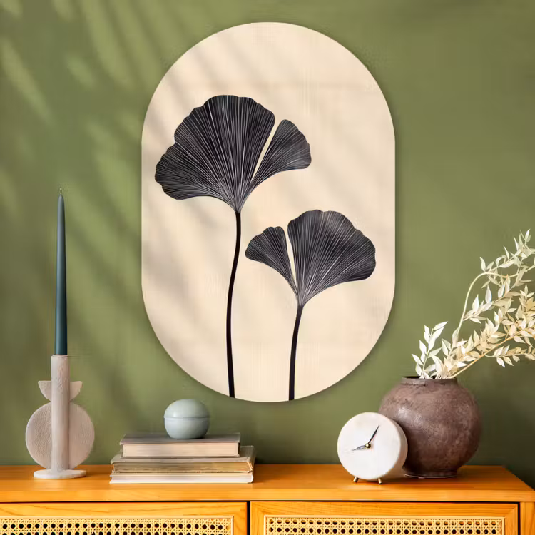 Bladeren - Minimalistisch - Zwart Wandcirkel Ovaal Glas middel -sfeer2