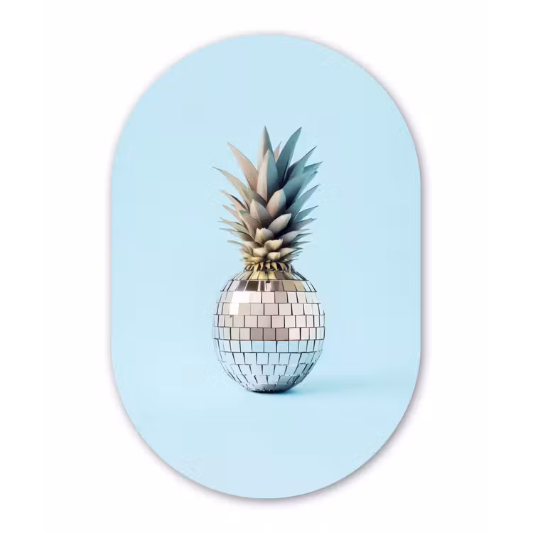 Blauw - Ananas - Disco - Discobal Wandcirkel Ovaal Glas middel -3d