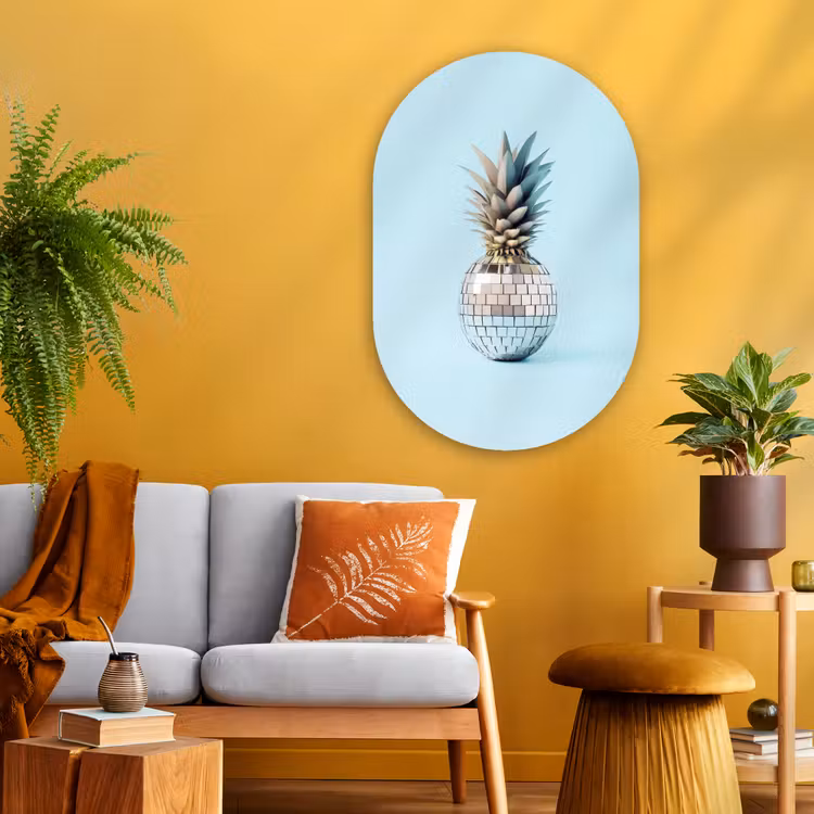 Blauw - Ananas - Disco - Discobal Wandcirkel Ovaal Glas middel -sfeer4