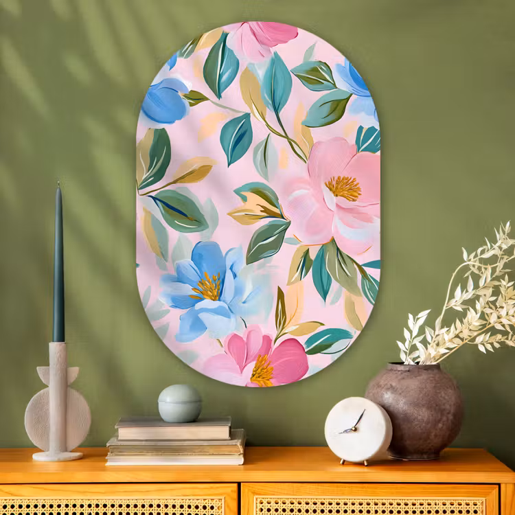 Blauw - Roze - Bloemen Wandcirkel Ovaal Glas middel -sfeer2