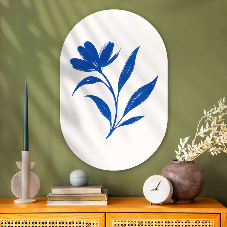 Bloem - Blaadjes - Minimalistisch - Blauw Wandcirkel Ovaal Glas middel -sfeer2