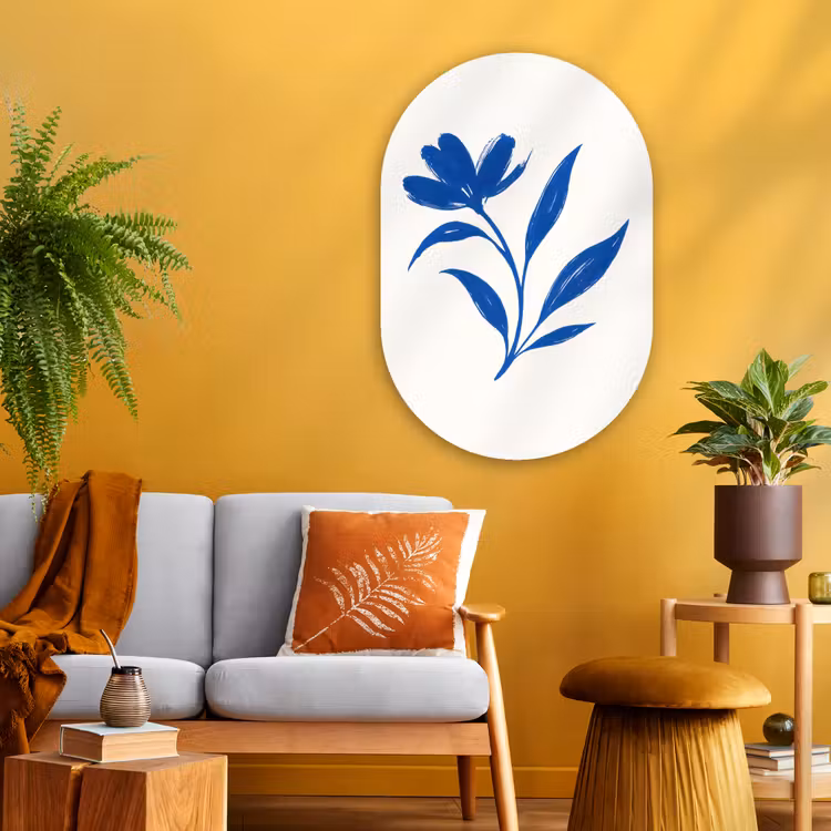 Bloem - Blaadjes - Minimalistisch - Blauw Wandcirkel Ovaal Glas middel -sfeer4