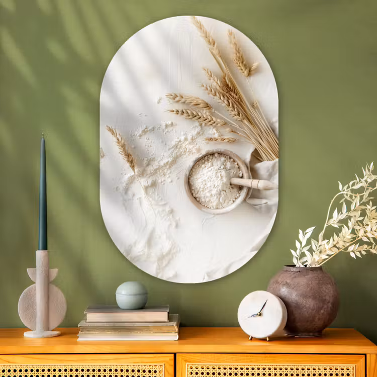 Bloem - Hout - Tarwe Wandcirkel Ovaal Glas middel -sfeer2
