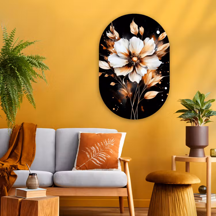 Bloem - Verf - Goud - Graffiti - Modern Wandcirkel Ovaal Glas middel -sfeer4