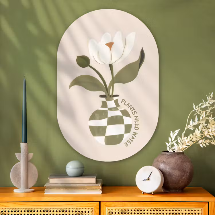 Bloem - Wit - Vaas - Quote Wandcirkel Ovaal Glas middel -sfeer2