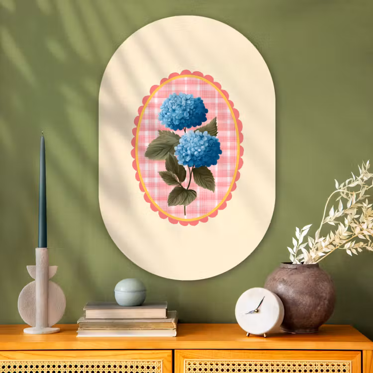Bloemen - Blauw - Lijst - Bladeren Wandcirkel Ovaal Glas middel -sfeer2