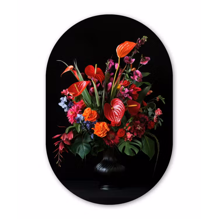 Bloemen - Boeket - Sierlijk Wandcirkel Ovaal Glas middel -3d