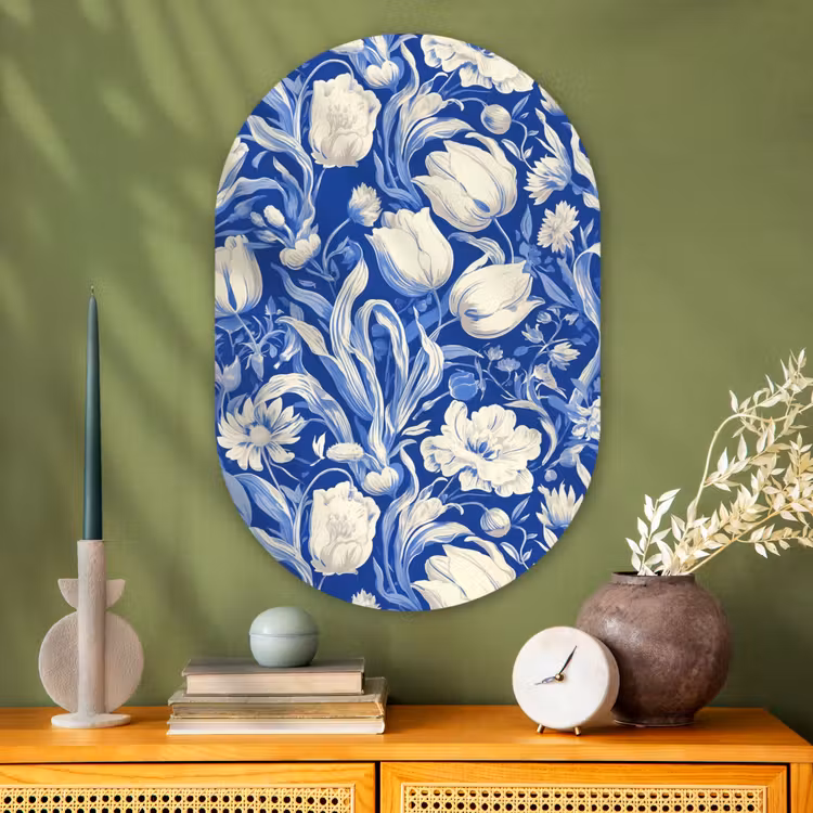 Bloemen - Delfts Blauw - Patroon - Tulp Wandcirkel Ovaal Glas middel -sfeer2
