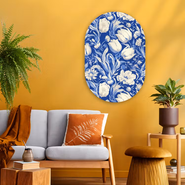 Bloemen - Delfts Blauw - Patroon - Tulp Wandcirkel Ovaal Glas middel -sfeer4