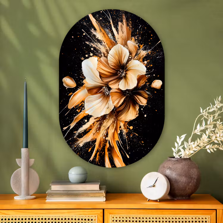 Bloemen - Goud - Graffiti - Zwart - Abstract Wandcirkel Ovaal Glas middel -sfeer2