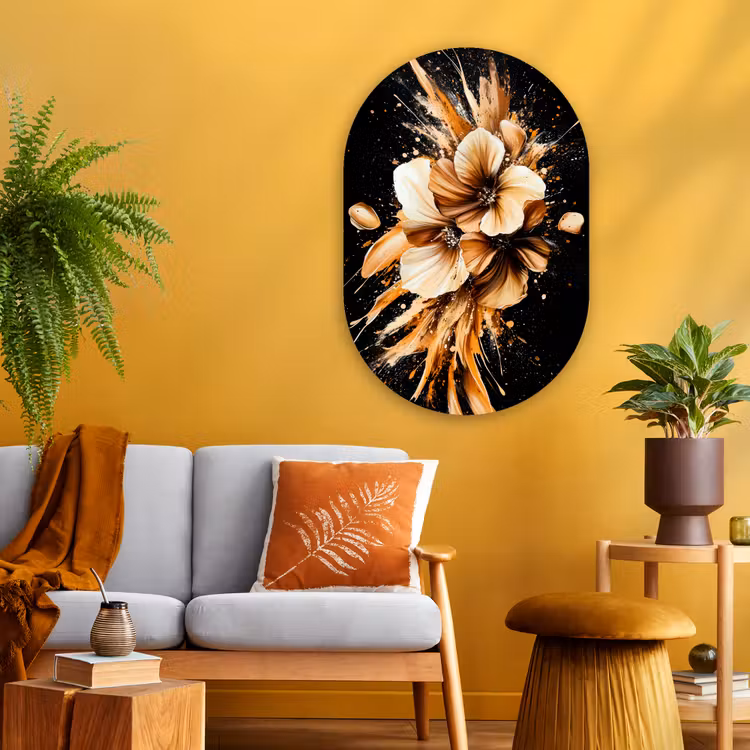 Bloemen - Goud - Graffiti - Zwart - Abstract Wandcirkel Ovaal Glas middel -sfeer4