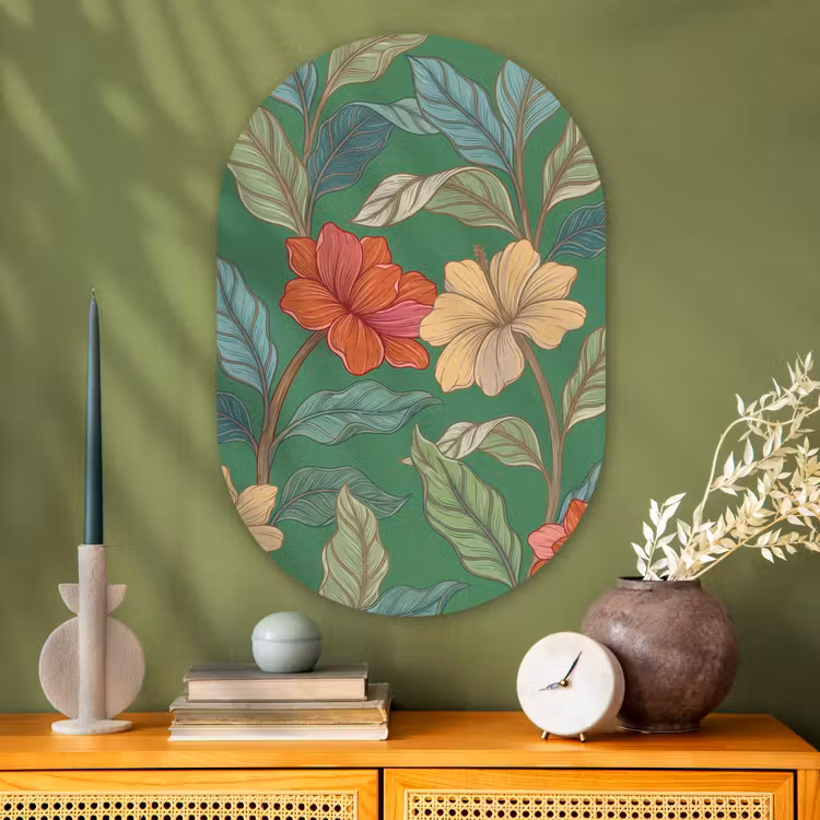 Muurovaal glas - Bloemen - Groen - Illustratie - Bloemen - Groen - Illustratie Wandcirkel Ovaal Glas middel