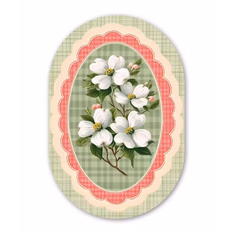 Bloemen - Illustratie - Geruit - Groen Wandcirkel Ovaal Glas middel -3d