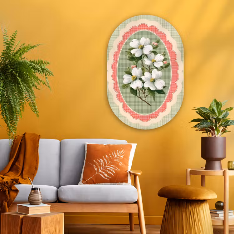 Bloemen - Illustratie - Geruit - Groen Wandcirkel Ovaal Glas middel -sfeer4