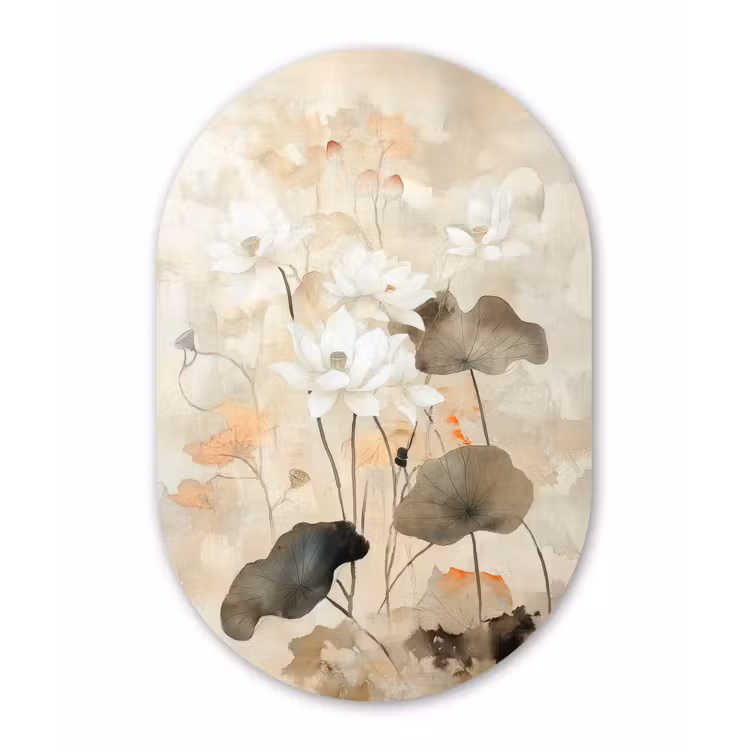 Bloemen - Japandi - Wabi sabi Wandcirkel Ovaal Glas middel -3d