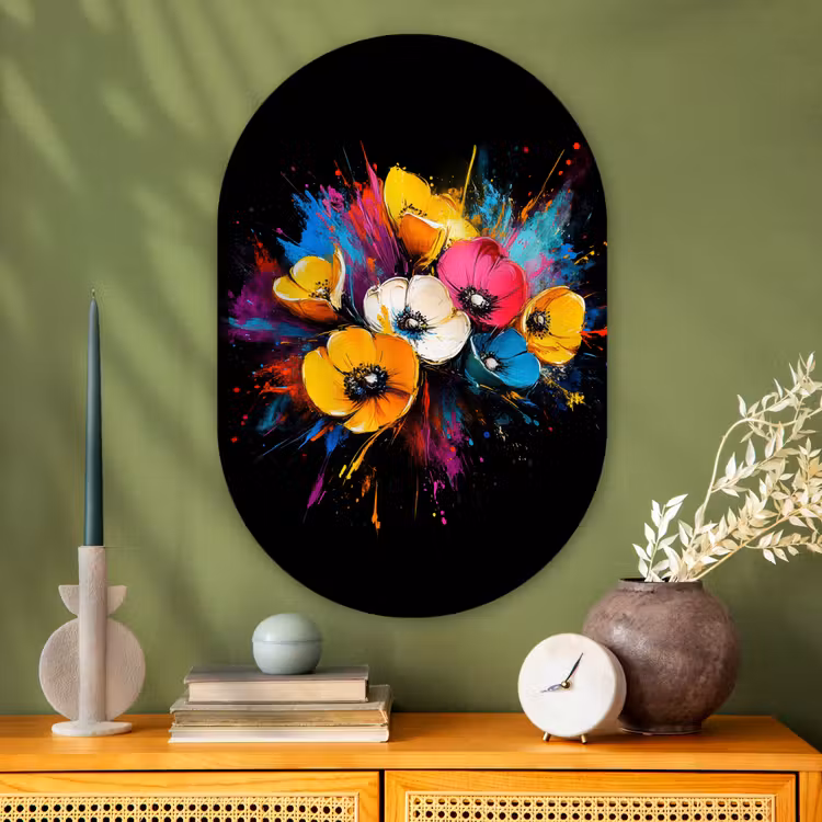 Bloemen - Kleurrijk - Graffiti - Modern - Boeket Wandcirkel Ovaal Glas middel -sfeer2