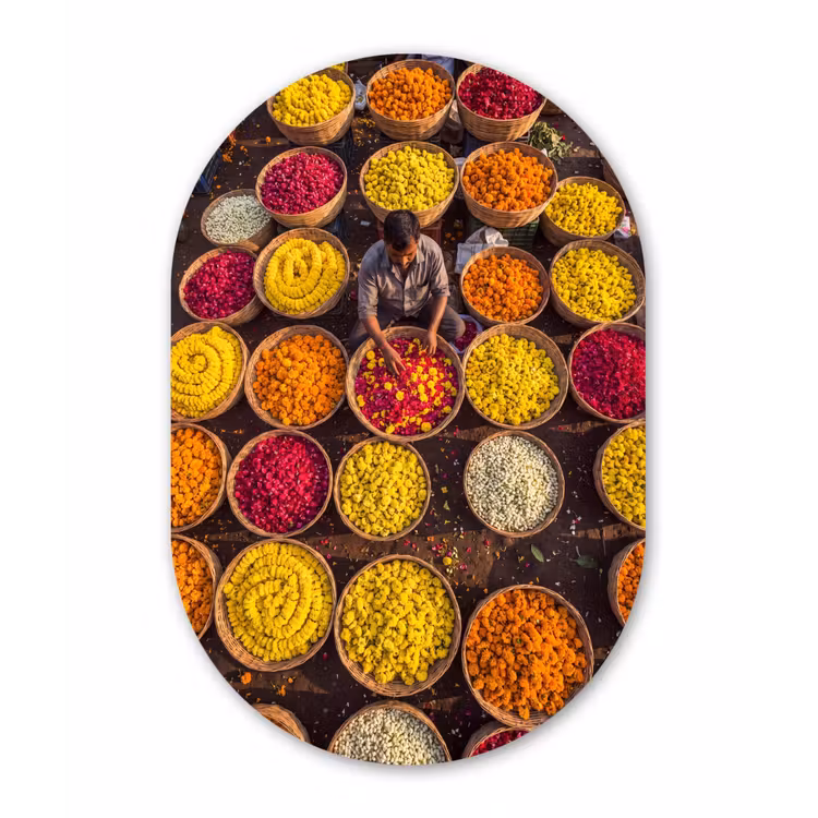Muurovaal glas - Bloemen - Markt - Kleurrijk - Bloemen - Markt - Kleurrijk Wandcirkel Ovaal Glas middel