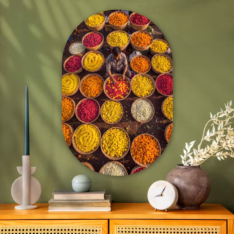 Muurovaal glas - Bloemen - Markt - Kleurrijk - Bloemen - Markt - Kleurrijk Wandcirkel Ovaal Glas middel