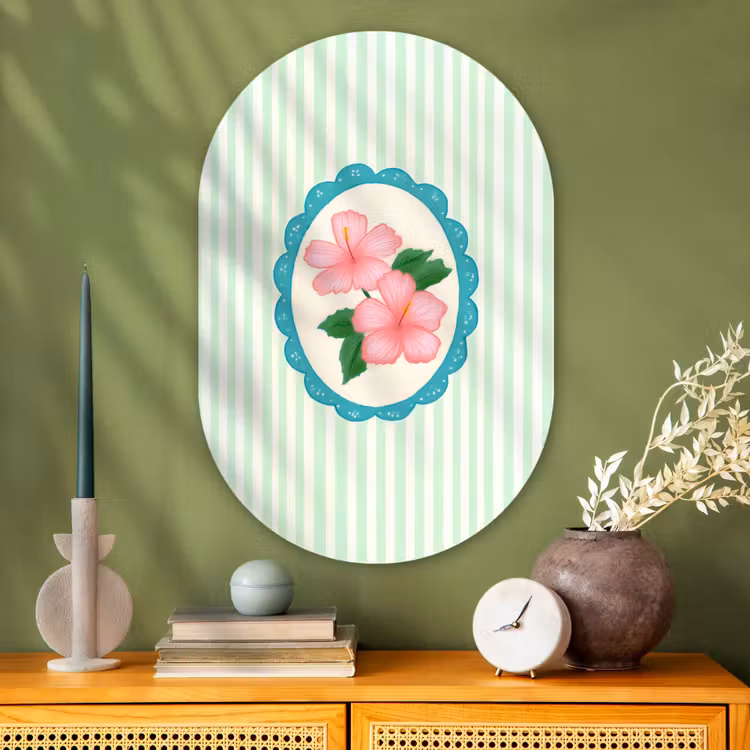 Bloemen - Ovaal - Strepen - Groen Wandcirkel Ovaal Glas middel -sfeer2