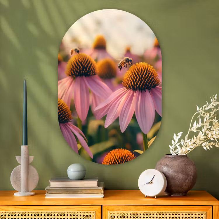 Bloemen - Paars - Bijen Wandcirkel Ovaal Glas middel -sfeer2