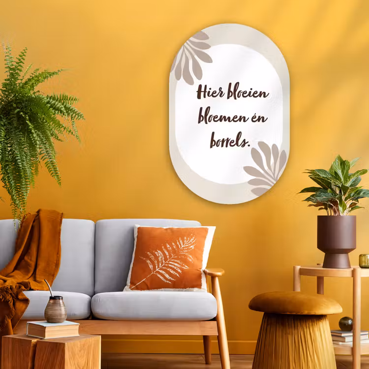 Bloemen - Quote - Zomer - Beige Wandcirkel Ovaal Glas middel -sfeer4