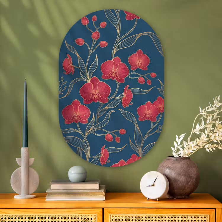 Muurovaal glas - Bloemen - Rood - Goud - Bloemen - Rood - Goud Wandcirkel Ovaal Glas middel