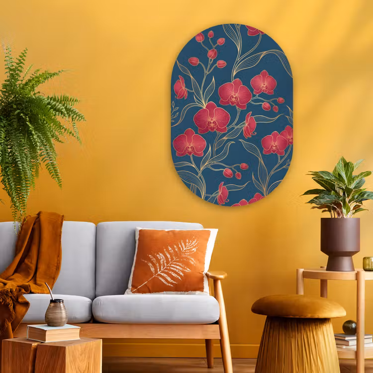 Muurovaal glas - Bloemen - Rood - Goud - Bloemen - Rood - Goud Wandcirkel Ovaal Glas middel