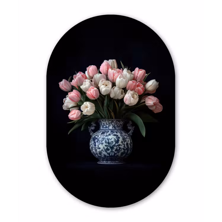 Bloemen - Roze - Tulpen - Vaas Wandcirkel Ovaal Glas middel -3d