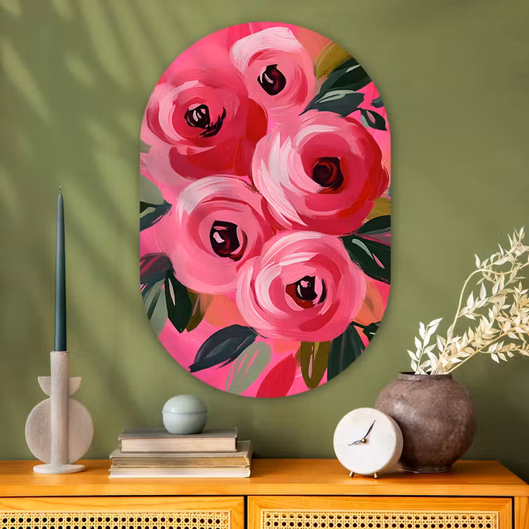 Bloemen - Verf - Roze Wandcirkel Ovaal Glas middel -sfeer2