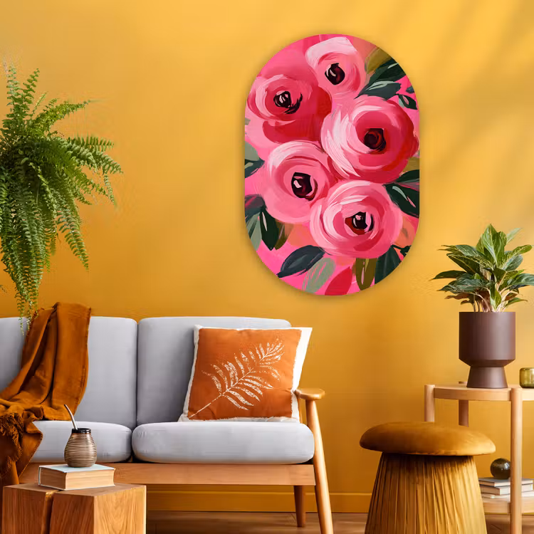 Bloemen - Verf - Roze Wandcirkel Ovaal Glas middel -sfeer4