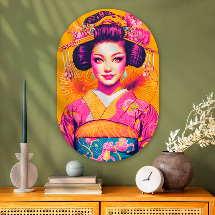 Bloemen - Vrouw - Kimono - Roze Wandcirkel Ovaal Glas middel -sfeer2