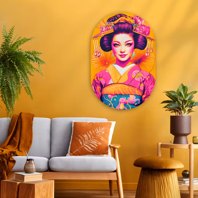 Bloemen - Vrouw - Kimono - Roze Wandcirkel Ovaal Glas middel -sfeer4