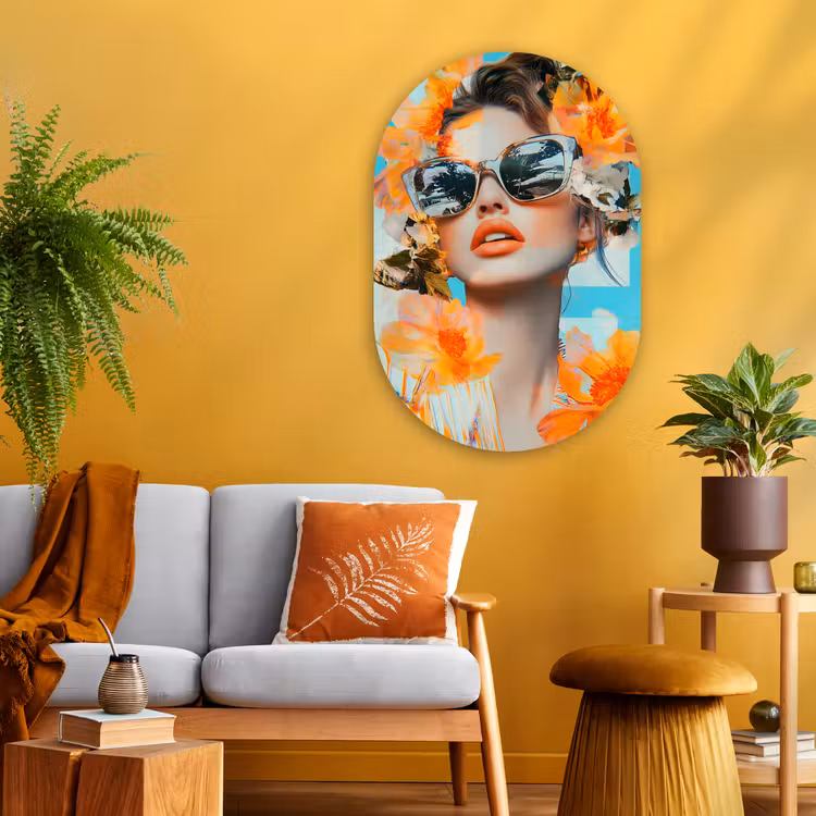 Bloemen - Vrouw - Zonnebril - Blauw Wandcirkel Ovaal Glas middel -sfeer4