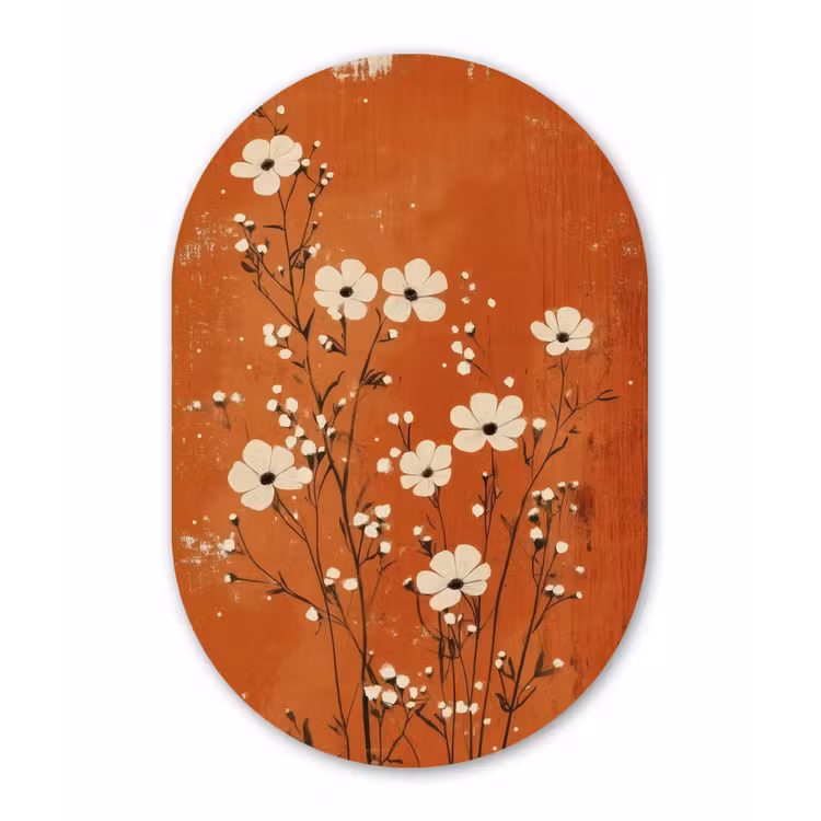Bloemen - Wit - Subtiel - Roestkleur Wandcirkel Ovaal Glas middel -3d
