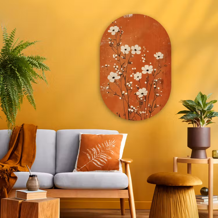 Bloemen - Wit - Subtiel - Roestkleur Wandcirkel Ovaal Glas middel -sfeer4
